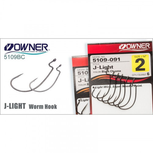 Крючки Owner J-Light Worm Hook 5109 (B-94) №2/0 Black chrome