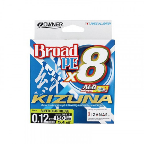Шнур Owner Kizuna Broad PEx8 135м 0.10мм 4.1кг Chartreuse